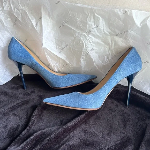Jimmy Choo Abel Blue Denim Pointed Toe Pumps - Picture 3 of 8